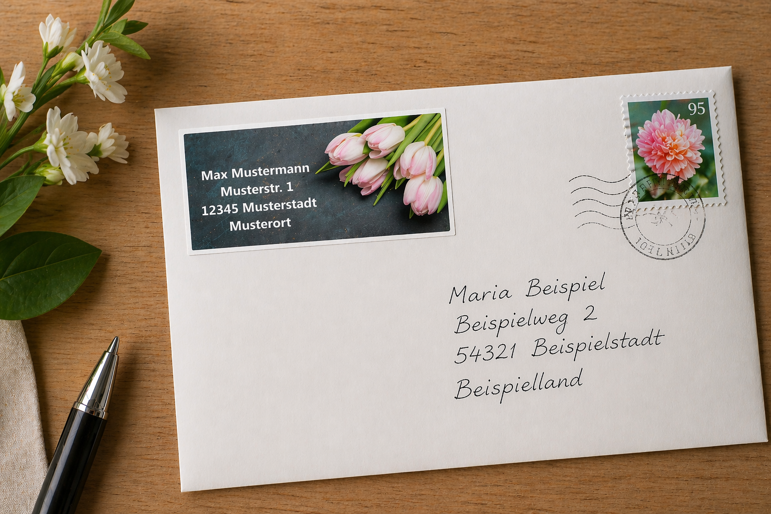 Umschlag mit personalisiertem Tulpen-Adressetikett auf einem hellen Schreibtisch
